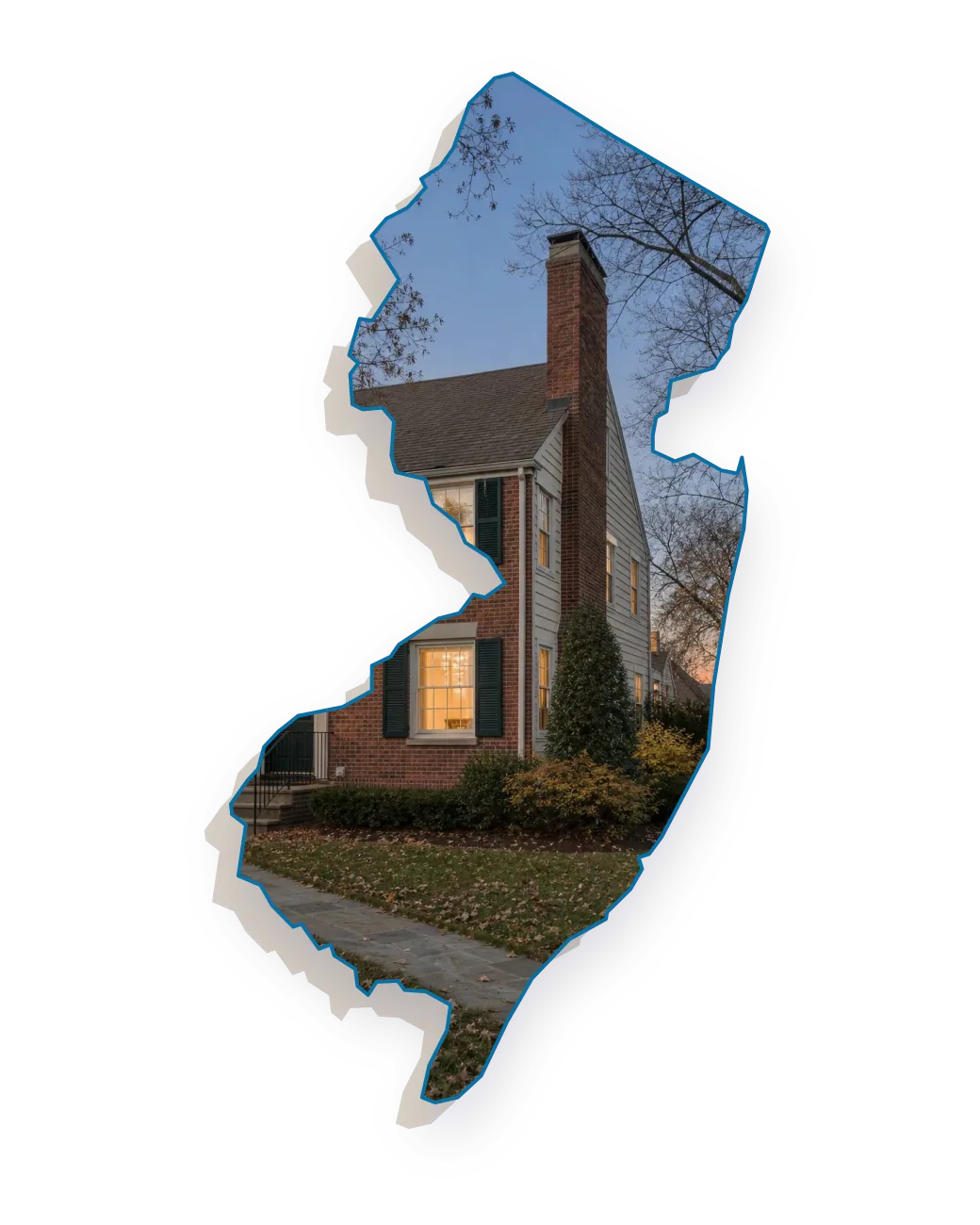 A 1950s brick twin home with a red brick chimney with a concrete crown rising above the roofline and lamp-lit rooms behind the windows, seen through an outline of New Jersey; illustrative image