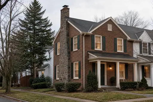 A 1950s brick twin home with a stone masonry chimney and neat mortar joints; illustrative image