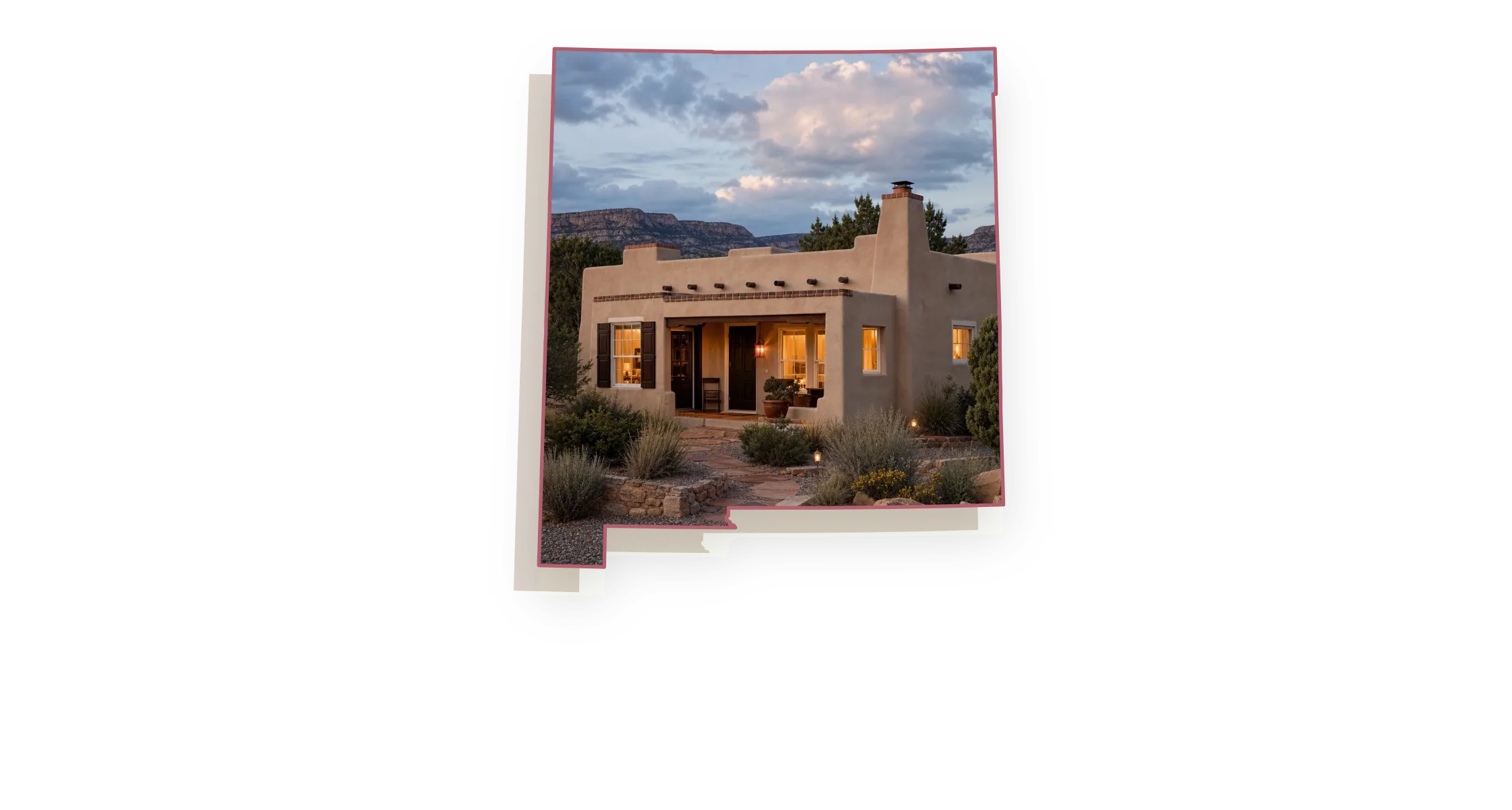A 1940s flat-roofed Pueblo Revival-style stucco house with a stucco chimney with a spark arrestor cap, warm light glowing in the front windows, seen through an outline of New Mexico; illustrative image
