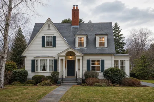 A 1920s steep-gabled frame house with a two-flue brick chimney on a slate roof rising above the roof; illustrative image