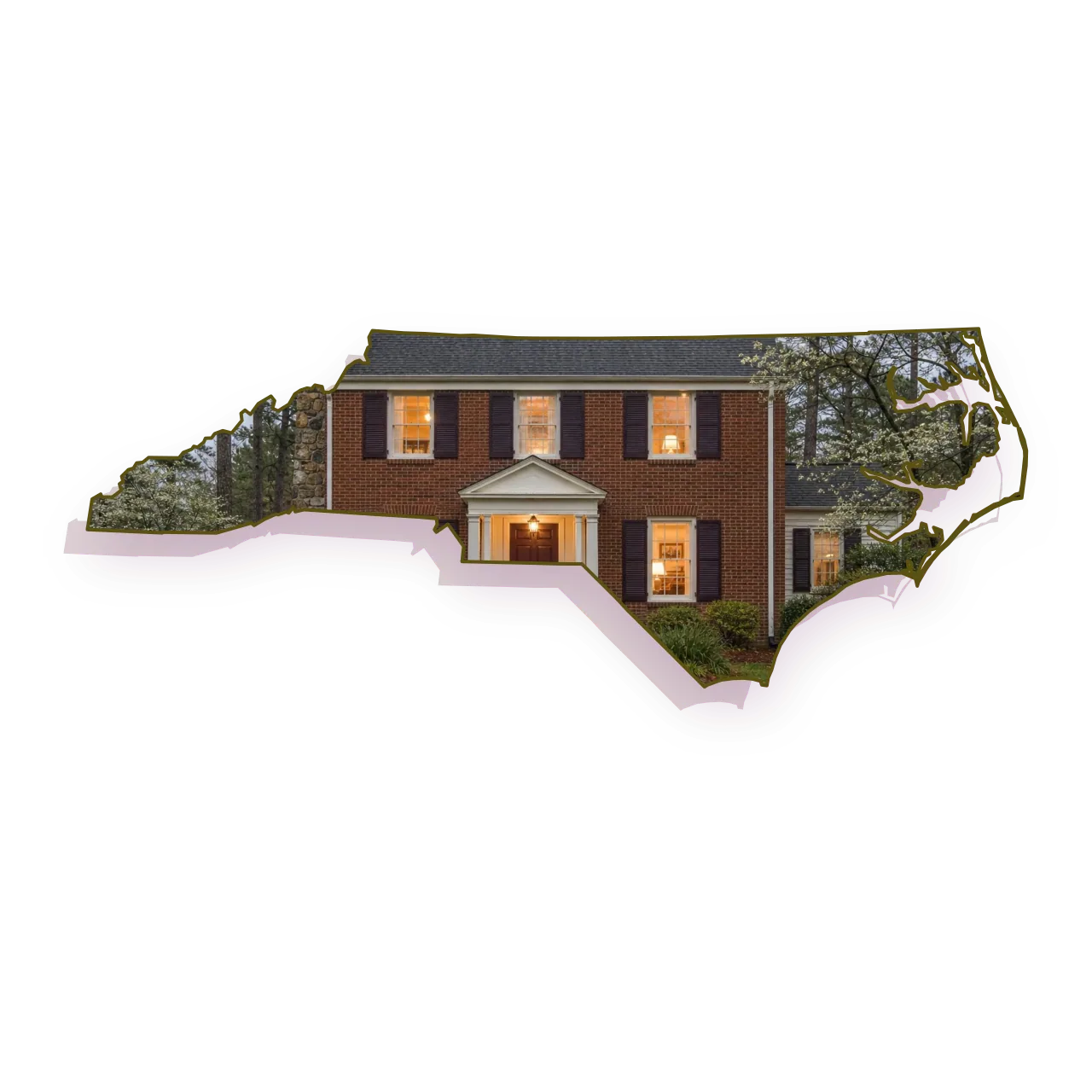 A 1950s brick colonial with black shutters with a fieldstone chimney with a metal cap, warm light glowing in the front windows, seen through an outline of North Carolina; illustrative image