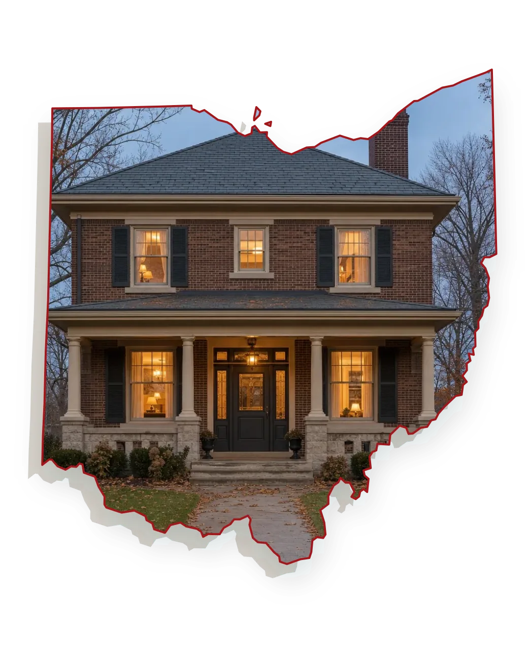 A 1920s brick foursquare house with a two-flue brick chimney on a slate roof rising above the roofline and lamp-lit rooms behind the windows, seen through an outline of Ohio; illustrative image