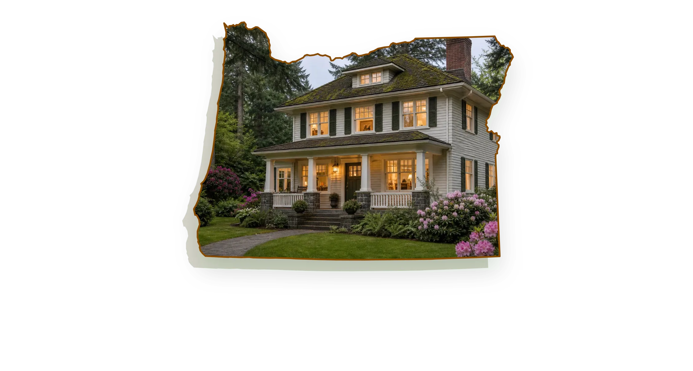 A 1920s old foursquare house with lap siding with a two-flue brick chimney on a mossy shingle roof, a lit porch lantern and warm windows, seen through an outline of Oregon; illustrative image