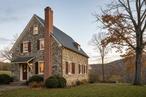 A 1950s stone farmhouse in soft daylight with a tall brick chimney on a steep gable roof standing clear above the roofline; illustrative image