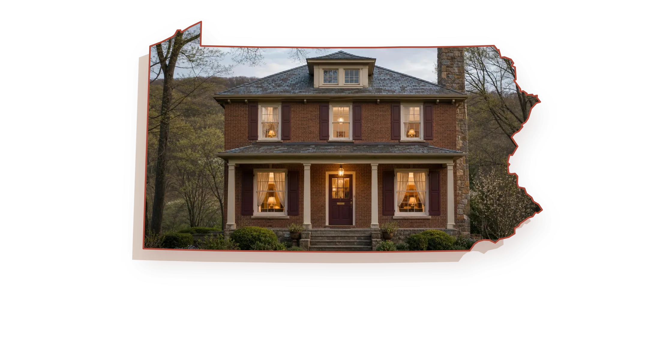 A 1940s brick foursquare house with a stone masonry chimney, warm light glowing in the front windows, seen through an outline of Pennsylvania; illustrative image