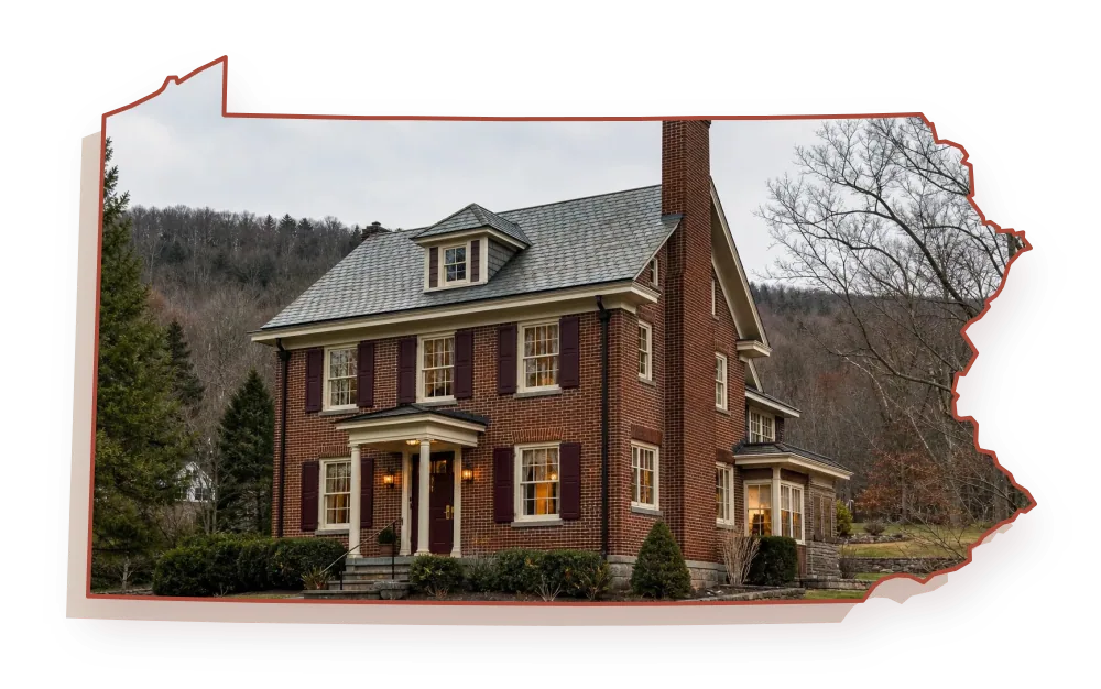 A 1940s brick foursquare house in soft daylight with a tall brick chimney on a steep gable roof standing clear above the roofline, seen through an outline of Pennsylvania; illustrative image