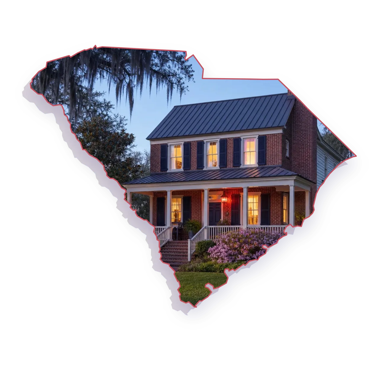 A 1920s brick colonial with a wide front porch with a two-flue brick chimney on a steep metal roof, warm light glowing in the front windows, seen through an outline of South Carolina; illustrative image