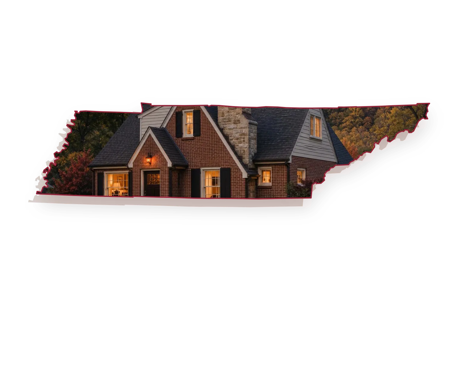 A 1920s brick Tudor-style cottage with a sandstone chimney with a metal cap rising above the roofline and lamp-lit rooms behind the windows, seen through an outline of Tennessee; illustrative image
