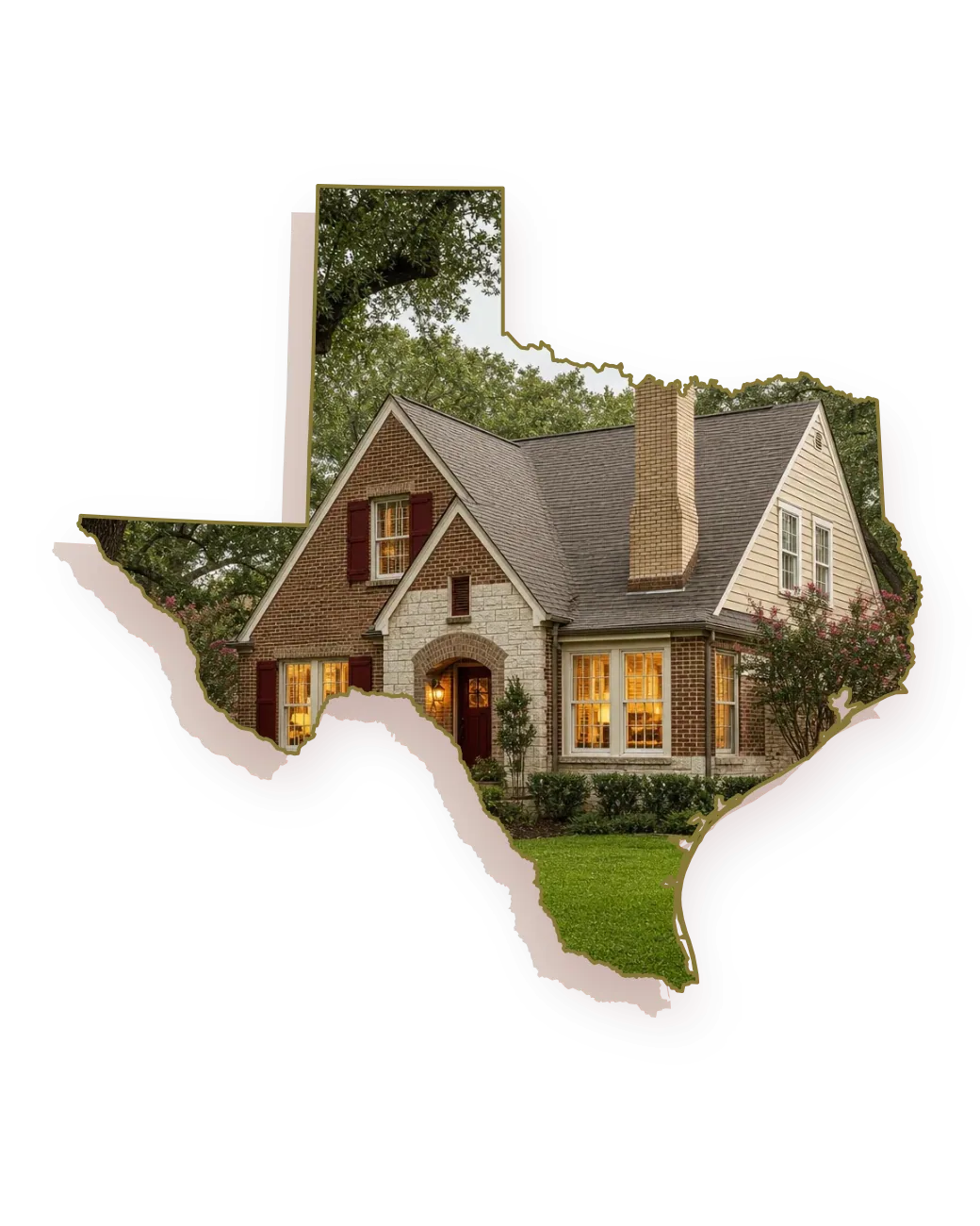 A 1920s brick Tudor revival cottage with a tan brick chimney with a spark arrestor cap, warm light glowing in the front windows, seen through an outline of Texas; illustrative image