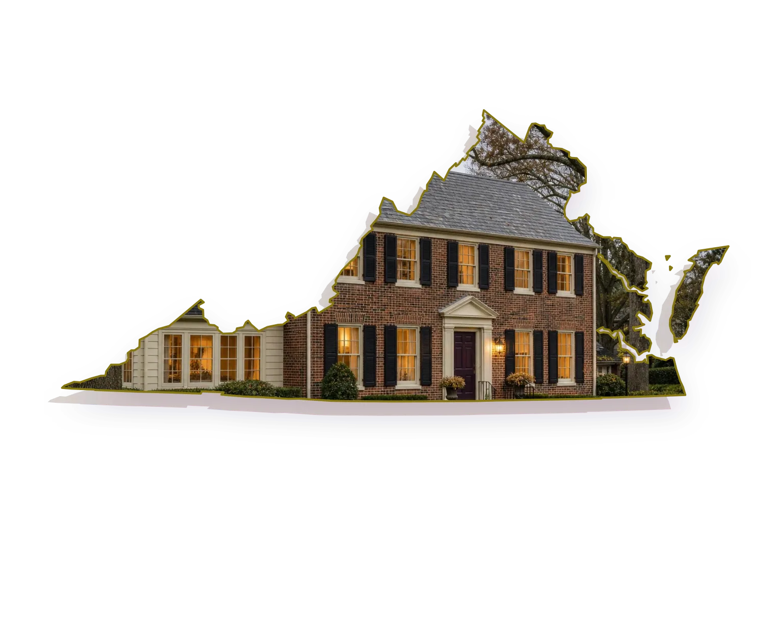 A 1920s brick colonial with black shutters with a two-flue brick chimney with a concrete crown on a slate roof, a lit porch lantern and warm windows, seen through an outline of Virginia; illustrative image