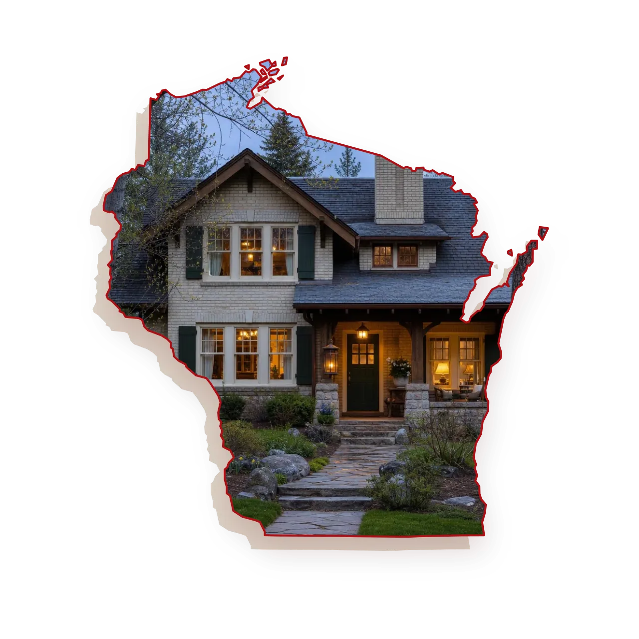 A 1940s Craftsman house with a two-flue brick chimney on a slate roof rising above the roofline and lamp-lit rooms behind the windows, seen through an outline of Wisconsin; illustrative image