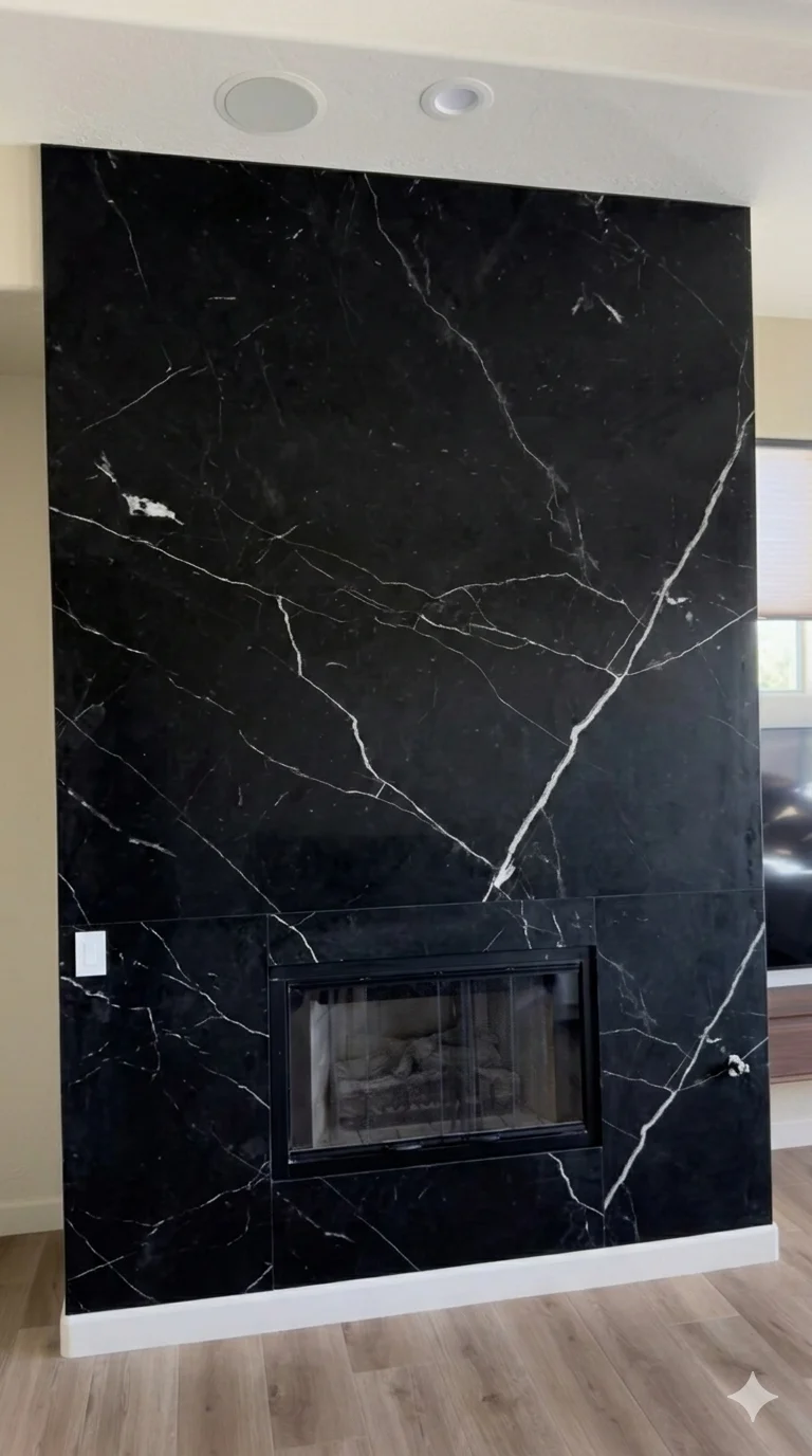 Black marble fireplace surround