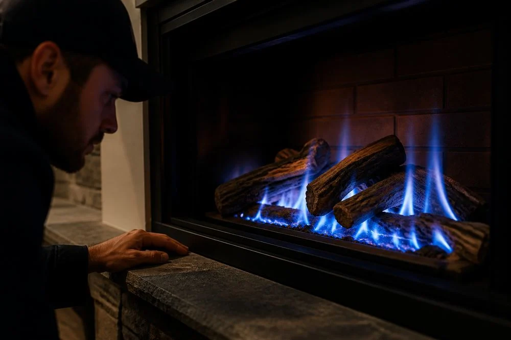 Technician observing blue flames on a gas log burner; illustrative image