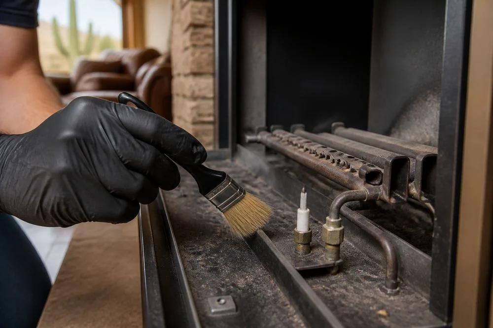 Gloved hands brushing a gas burner tray; illustrative image