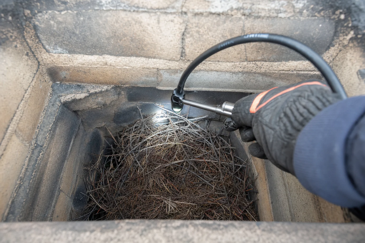 Inspection camera lowered toward a bird nest blocking a clay flue; illustrative image