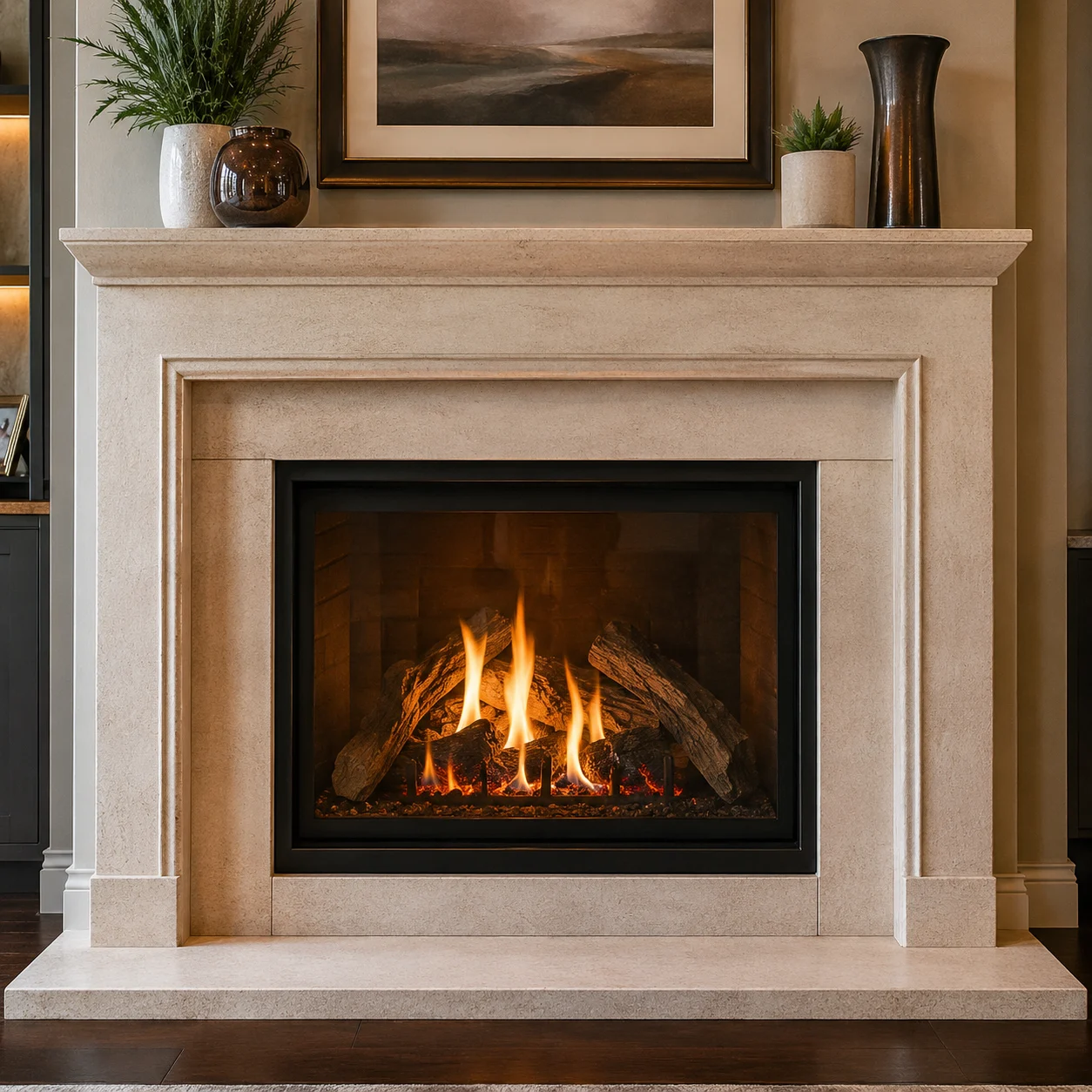 Warm ivory fireplace and residential mantel; illustrative image