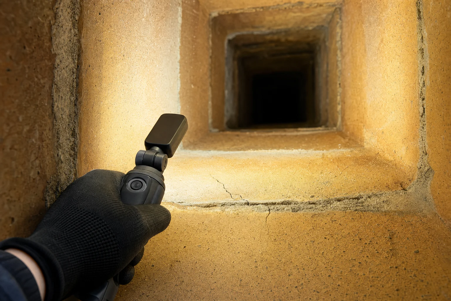 Inspection light on a cracked clay flue tile with a separated mortar joint; illustrative image