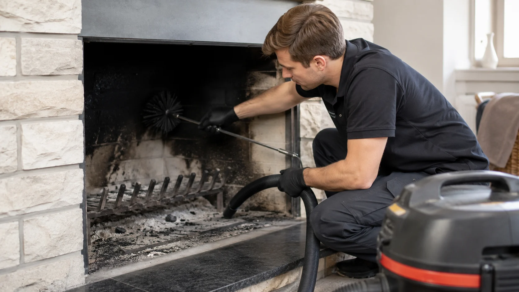 Brush, vacuum hose and floor protection at an unlit fireplace; illustrative image