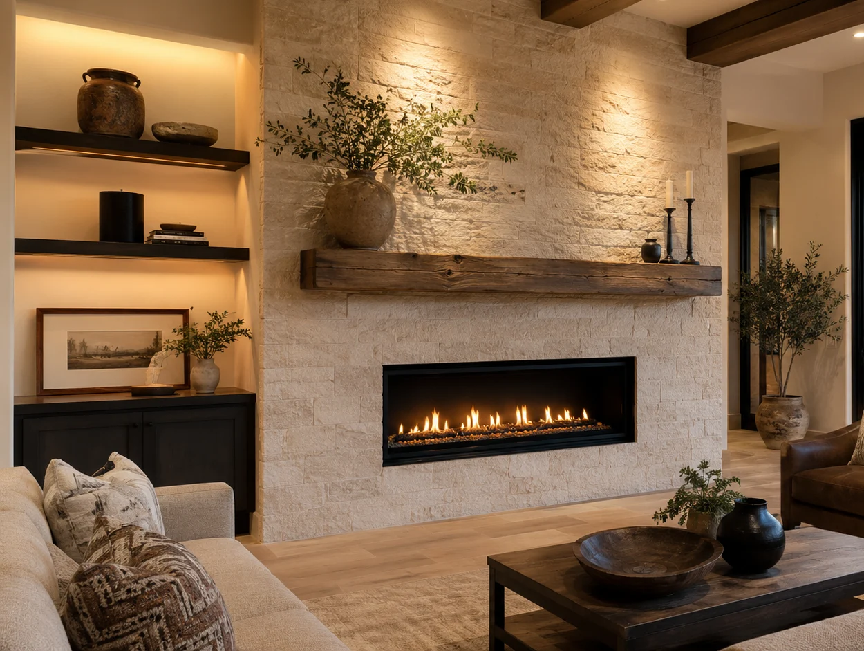 Contemporary stone fireplace within a warm residential room; illustrative image