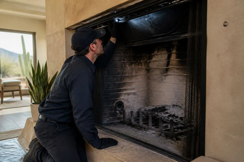 Technician reaching into an unlit firebox toward the damper; illustrative image
