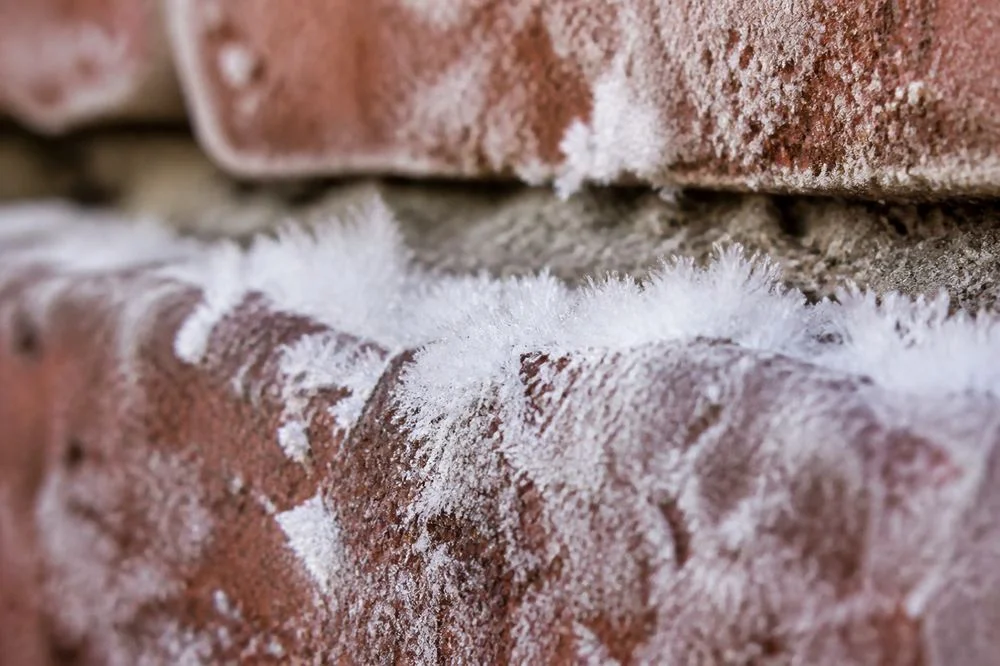 White efflorescence deposits on brick; illustrative image