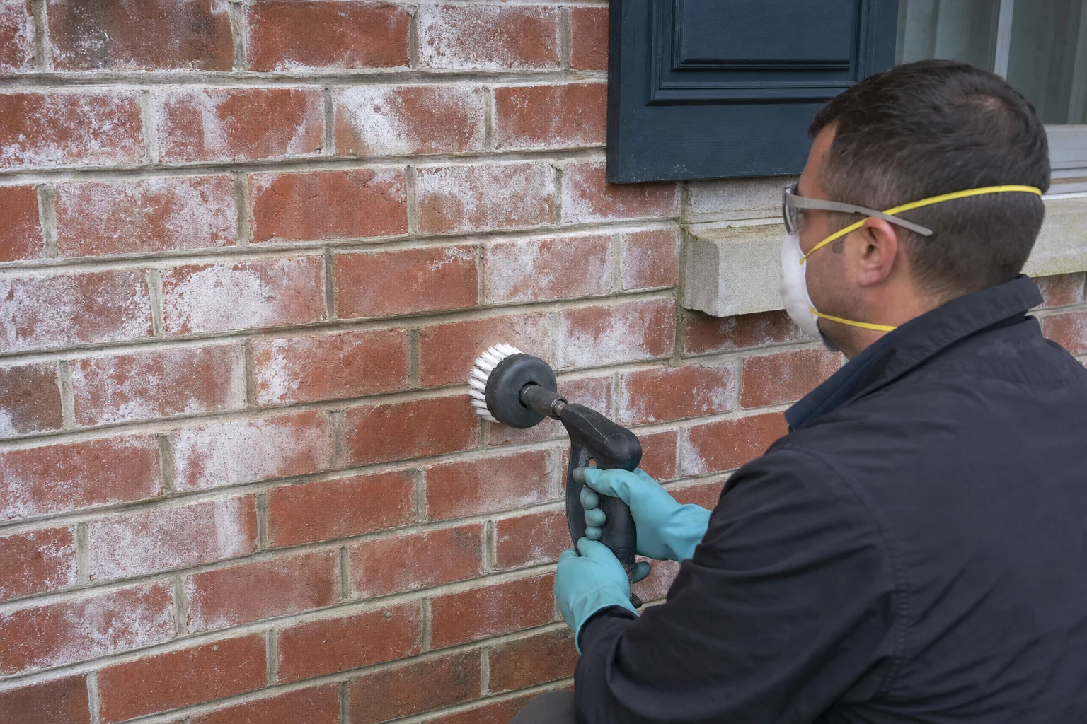 Masked technician brushing white efflorescence from a brick wall; illustrative image