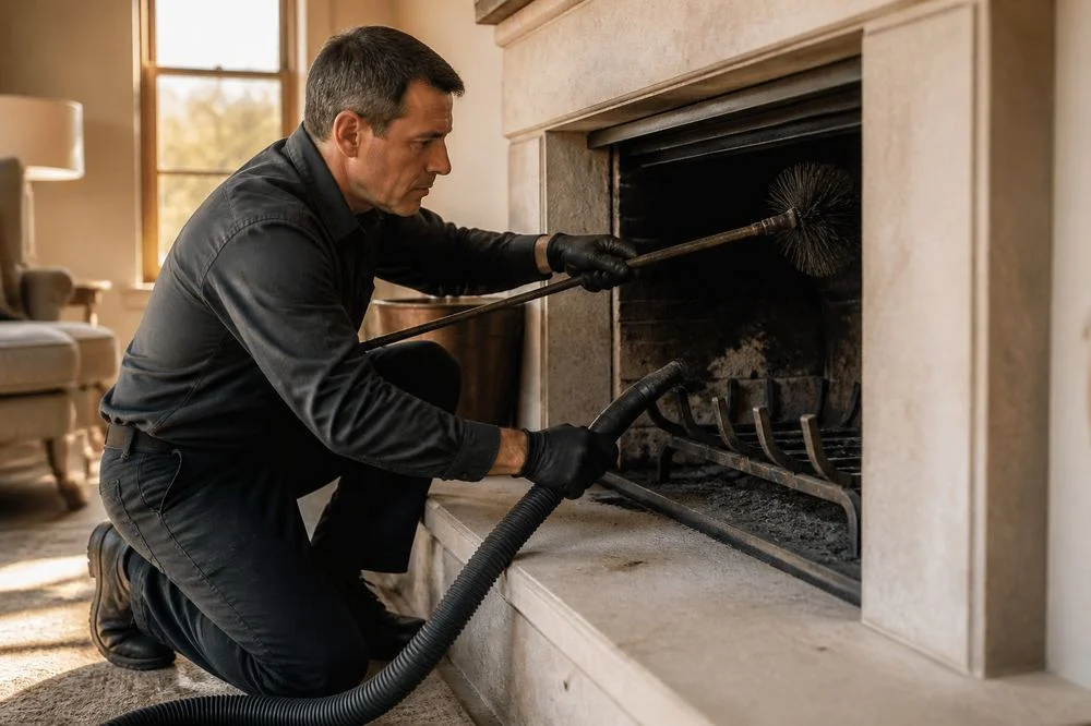 Technician sweeping soot from an unlit firebox with a brush; illustrative image