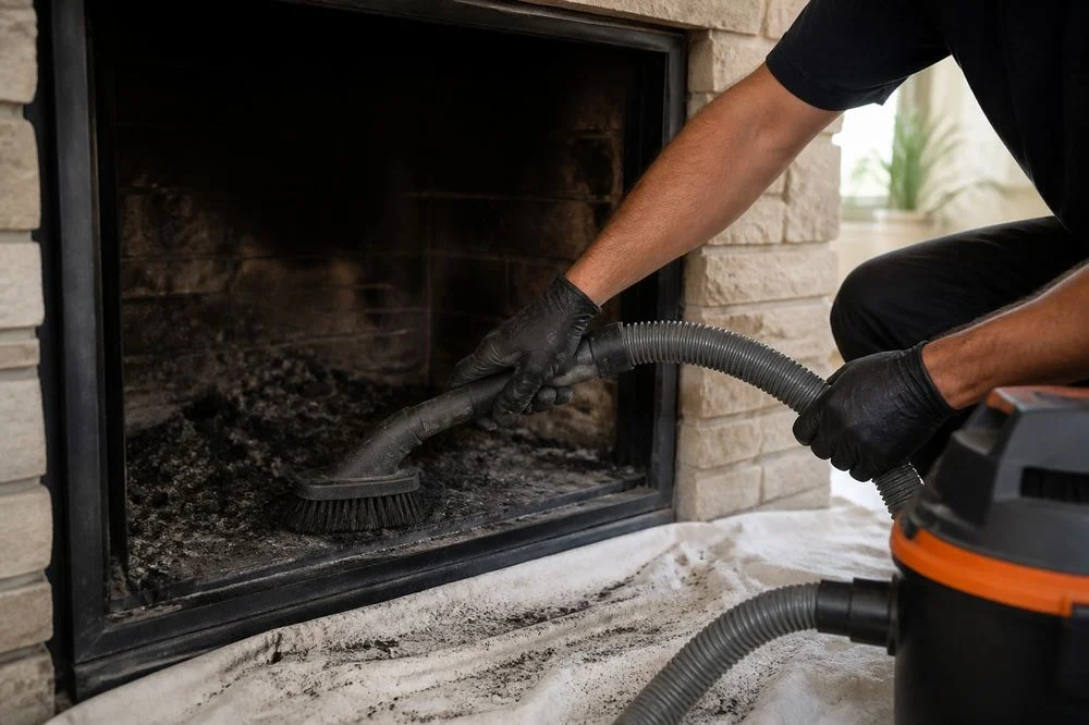 Gloved hands vacuuming ash from an unlit firebox; illustrative image