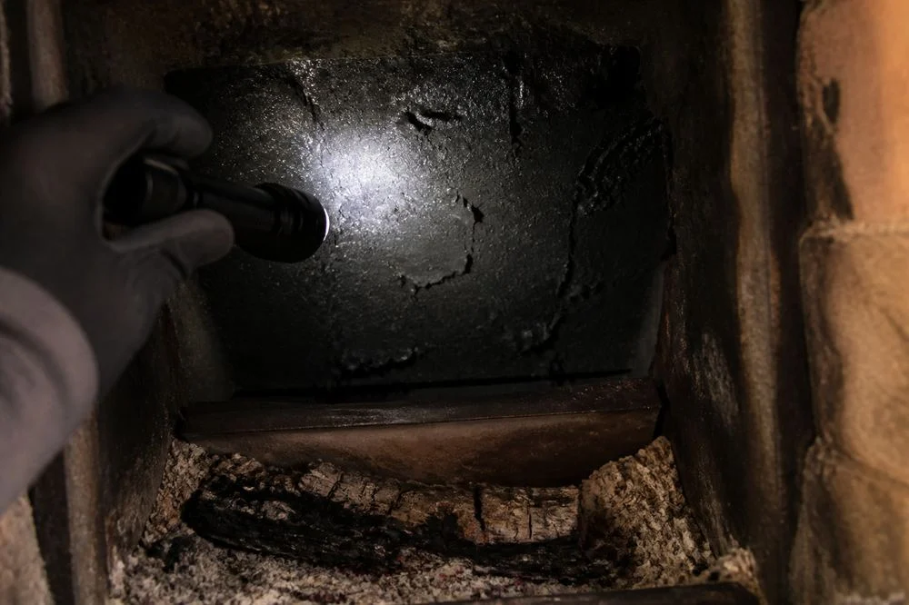 Flashlight beam on a dark, creosote-coated flue interior; illustrative image