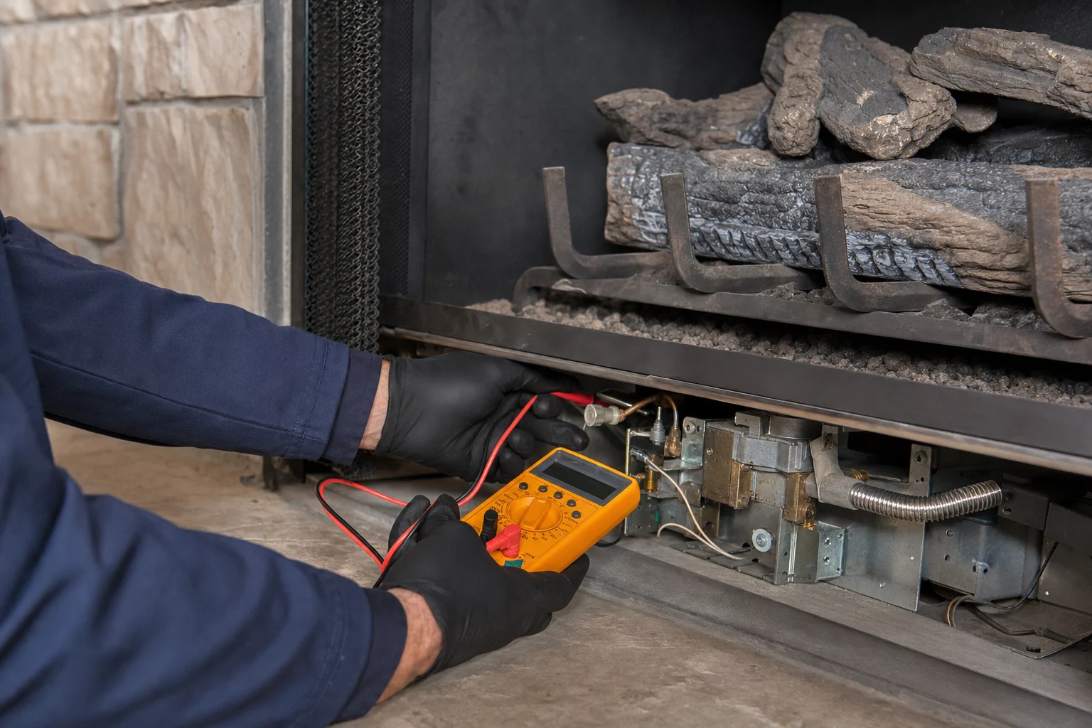 Gloved hands testing a gas fireplace control valve with a multimeter; illustrative image
