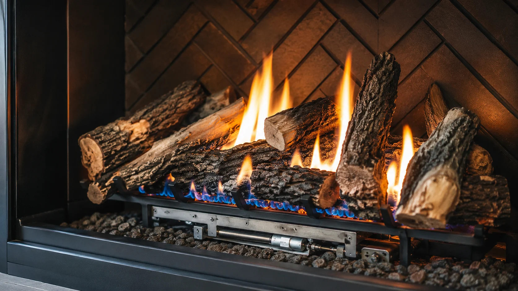 Gas fireplace log set and controlled flame; illustrative image