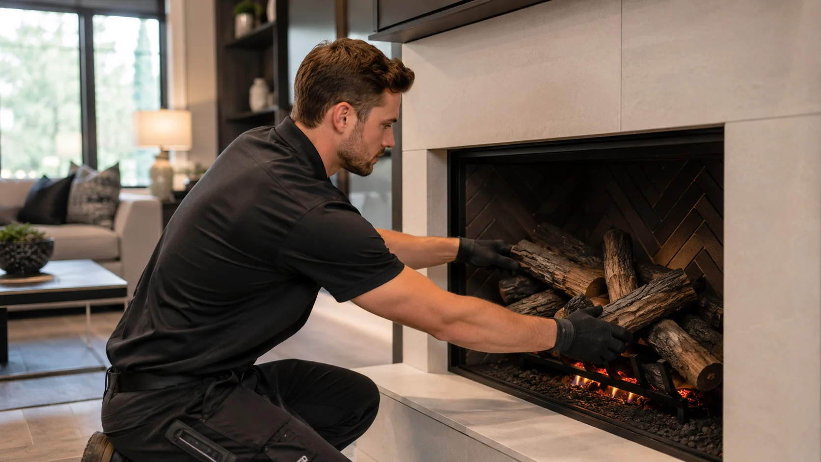 Technician positioning ceramic logs in a gas fireplace; illustrative image