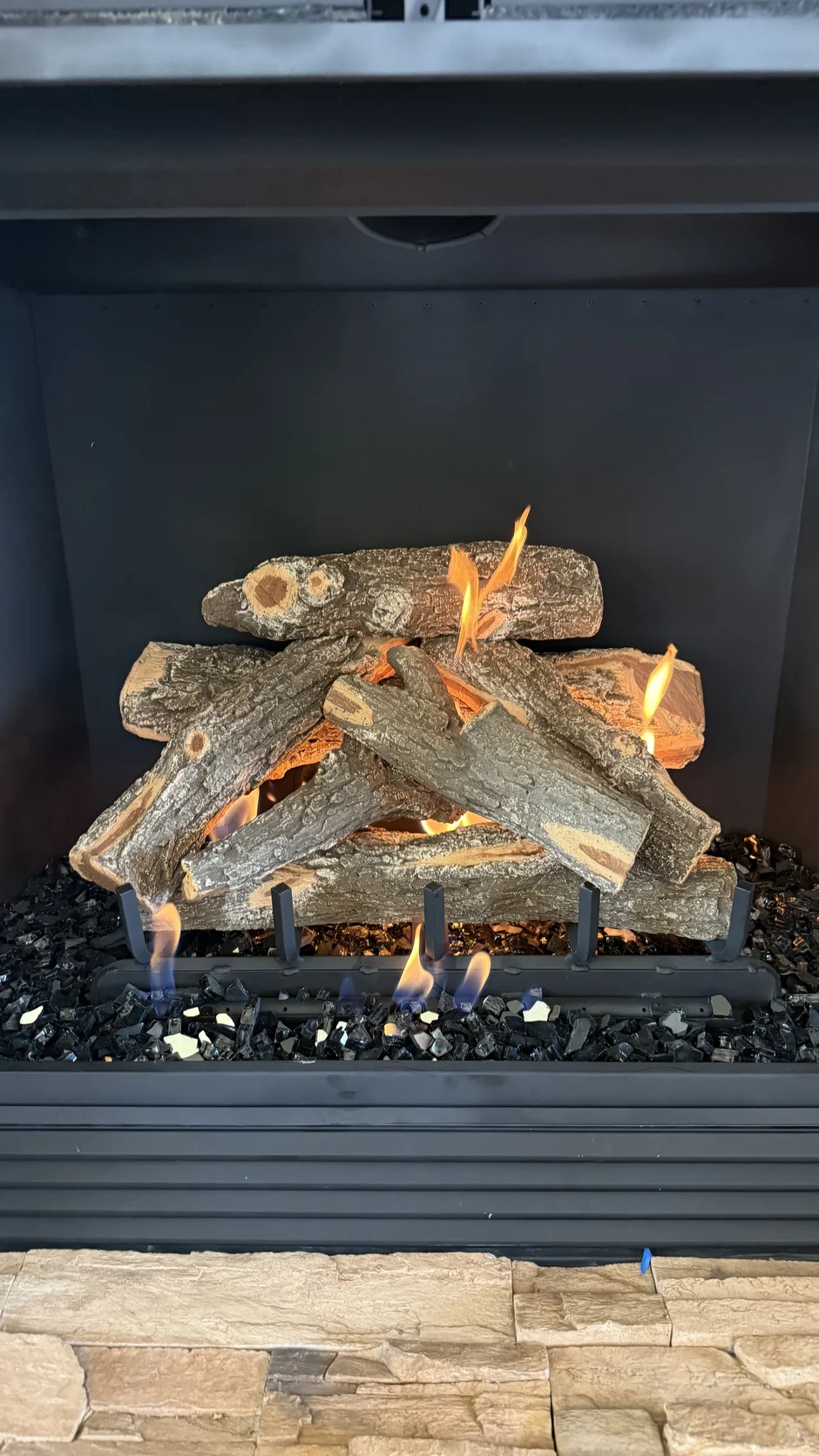 Close view of a ceramic gas log set