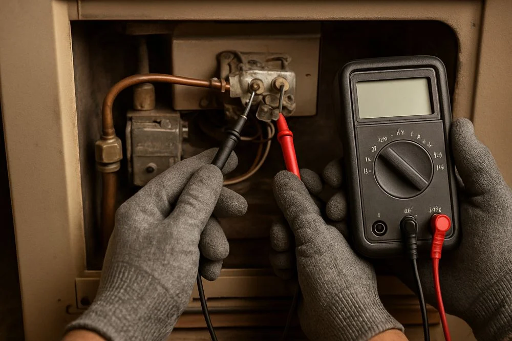 Gloved hands testing a gas control valve with a multimeter; illustrative image