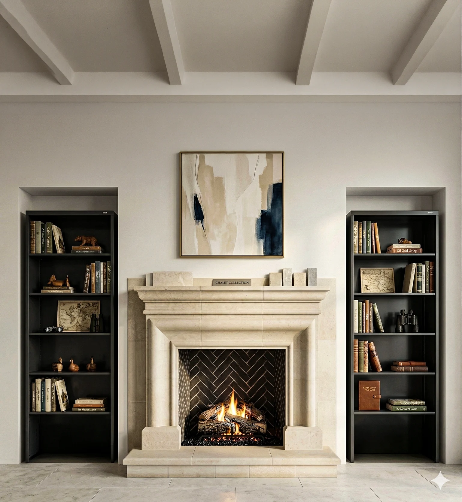 Rendering of a fireplace between built-in bookshelves; illustrative image