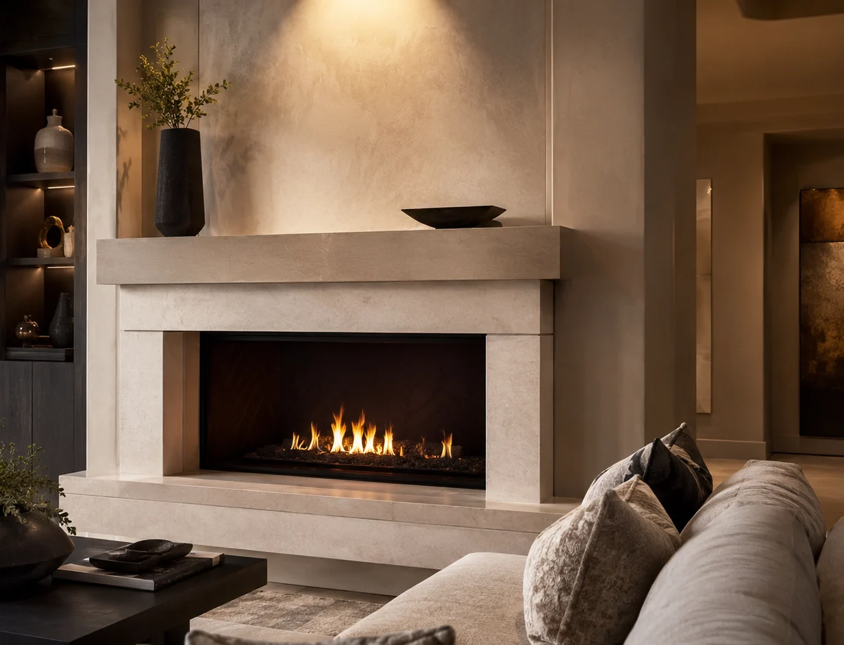 Limestone fireplace, mantel and comfortable seating; illustrative image