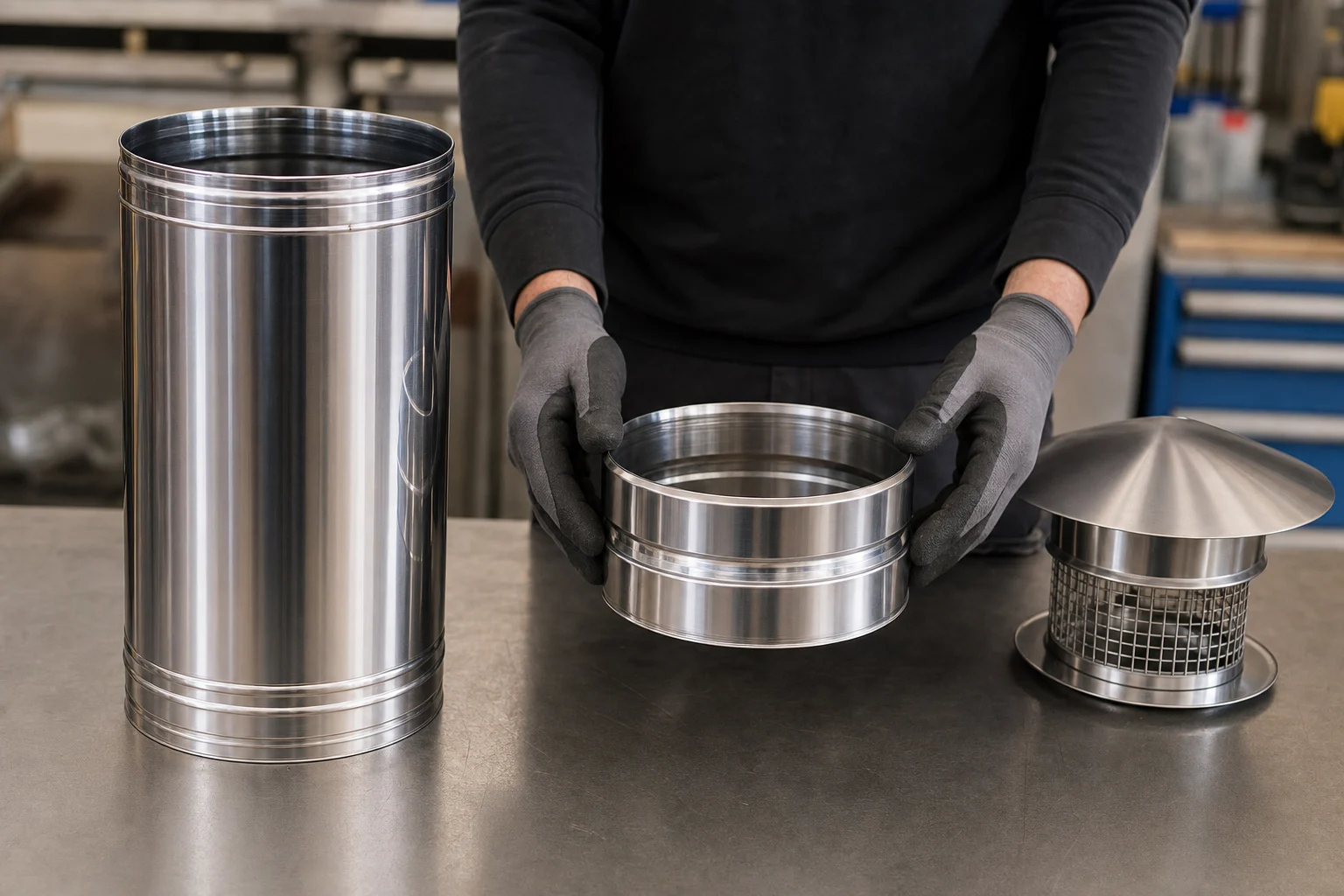 Stainless steel chimney liner section, connector and cap on a workbench; illustrative image