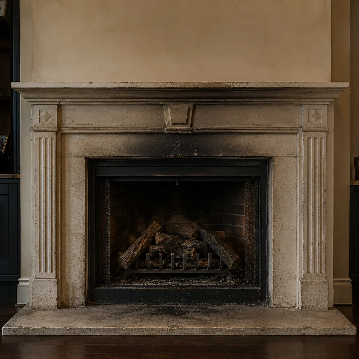 Carved masonry mantel and unlit hearth opening; illustrative image