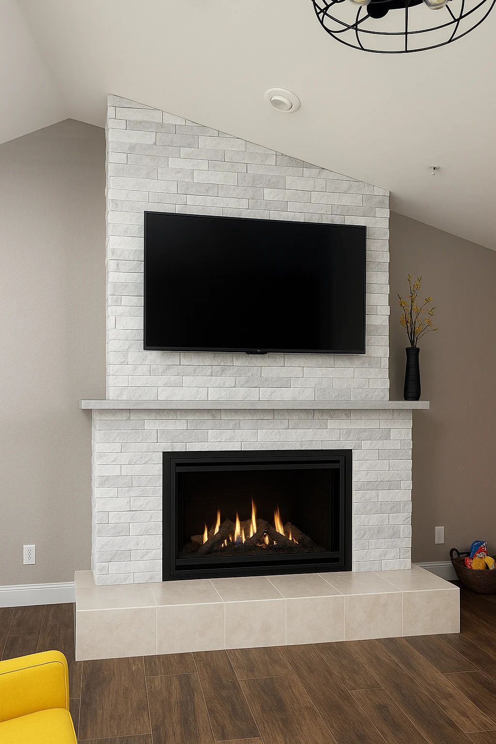 Rendering of a linear fireplace below a wall-mounted television; illustrative image