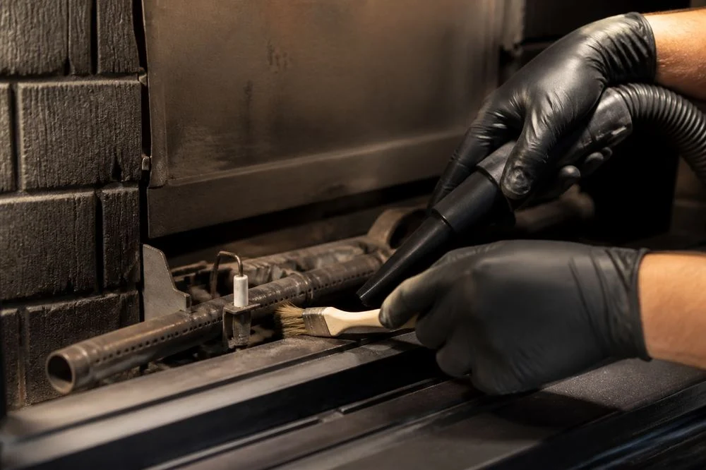 Gloved hands brushing a pilot assembly in an unlit gas fireplace; illustrative image