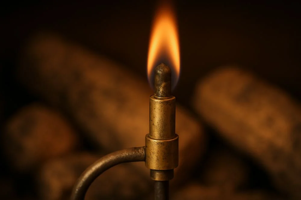 Pilot flame beside a thermocouple in a gas fireplace; illustrative image