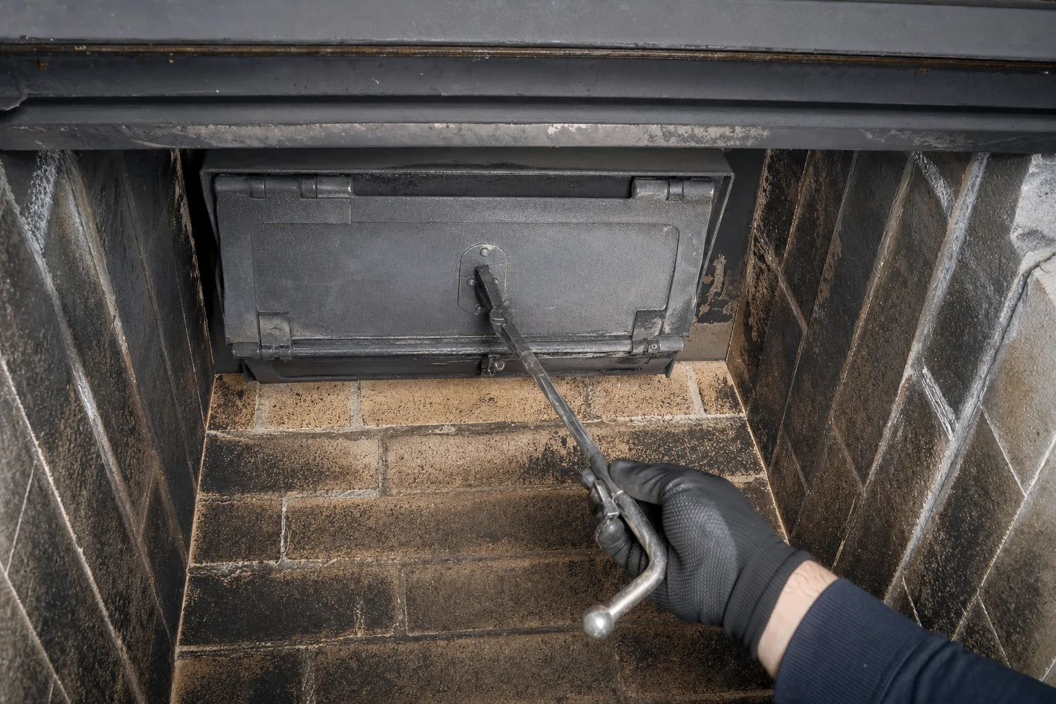 Gloved hand operating a throat damper plate inside an unlit firebox; illustrative image