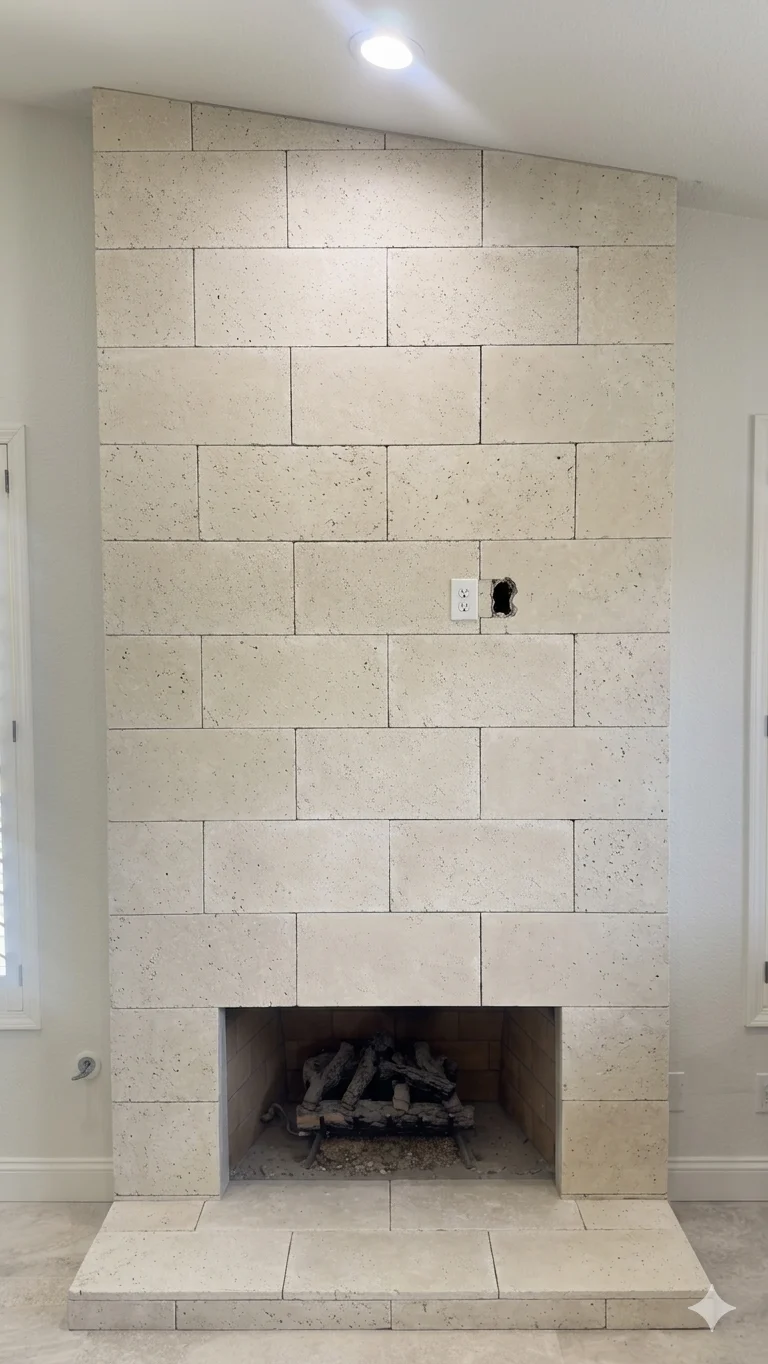 Fireplace set in a tiled wall