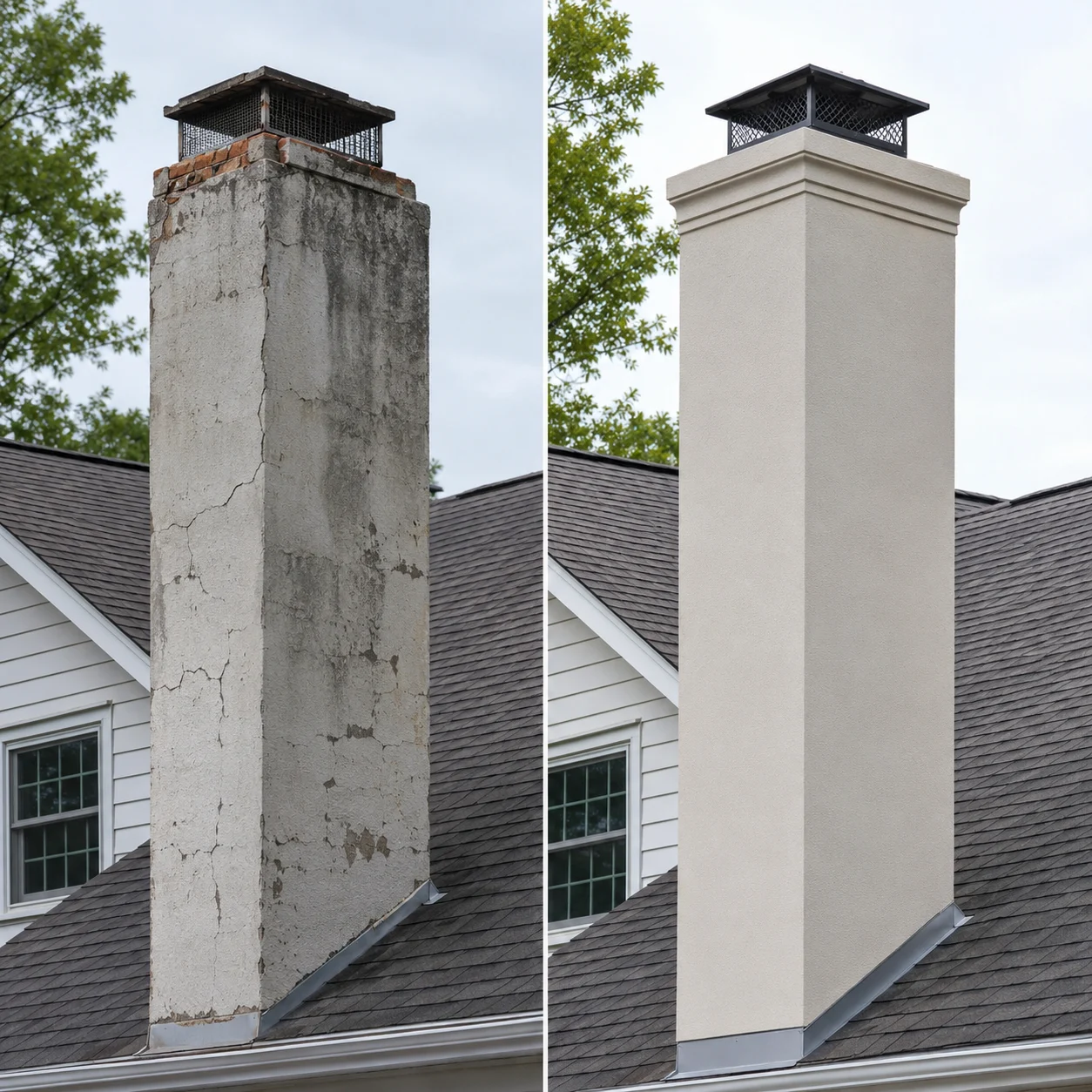 Two capped chimneys on a shingled roof; illustrative image