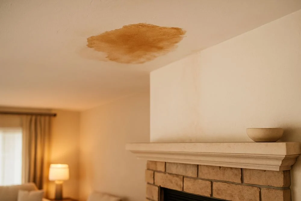 Water-related ceiling discoloration above a mantel; illustrative image
