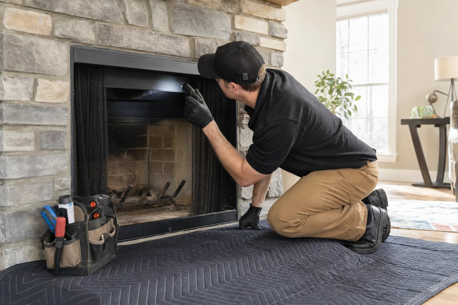 Technician reaching up into an unlit stone fireplace to check the damper; illustrative image